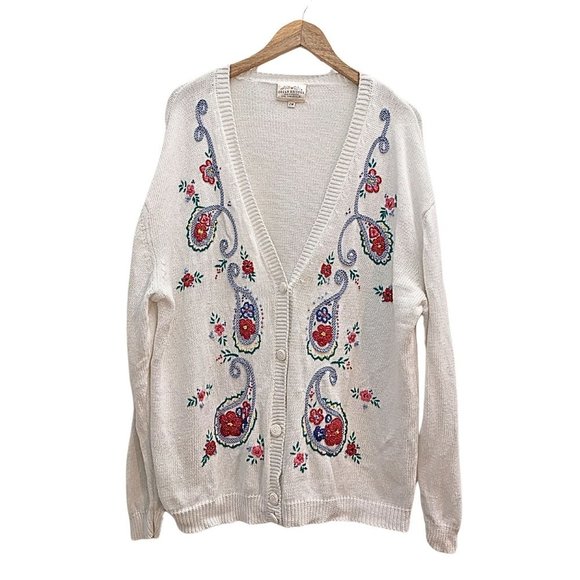 Susan Bristol Sweaters - Vintage 90s SUSAN BRISTOL White Embroidered Cardigan Cottage Granny Size 2W/XL
